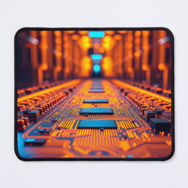 Item preview, A detailed view of a futuristic circuit board glowing with orange and blue light, suggesting advanced technology and complex digital pathways designed and sold by homydesign.