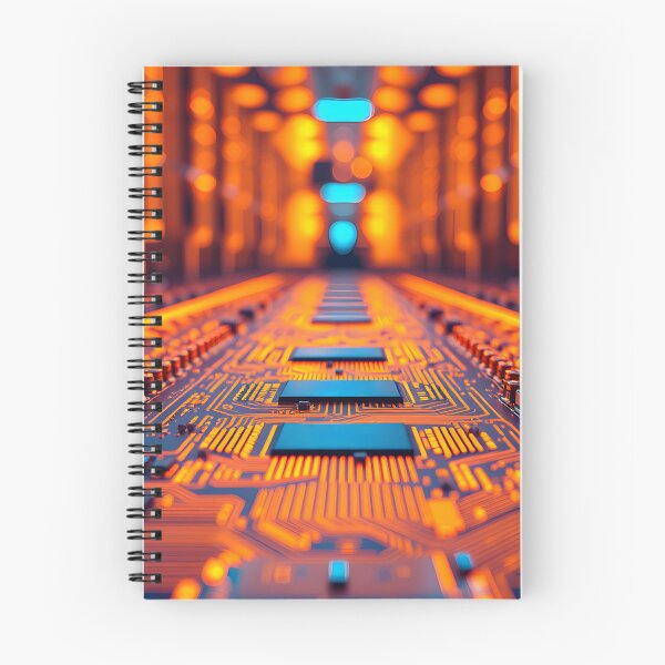 Item preview, A detailed view of a futuristic circuit board glowing with orange and blue light, suggesting advanced technology and complex digital pathways designed and sold by homydesign.