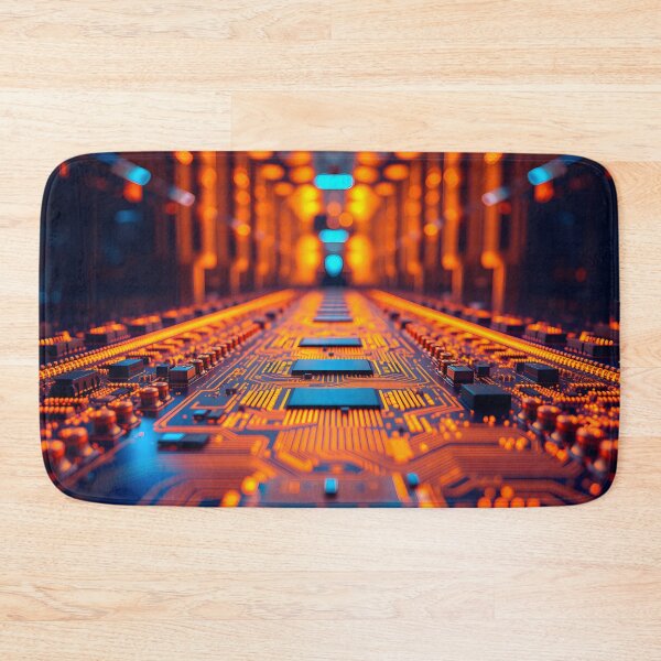 Item preview, A detailed view of a futuristic circuit board glowing with orange and blue light, suggesting advanced technology and complex digital pathways designed and sold by homydesign.