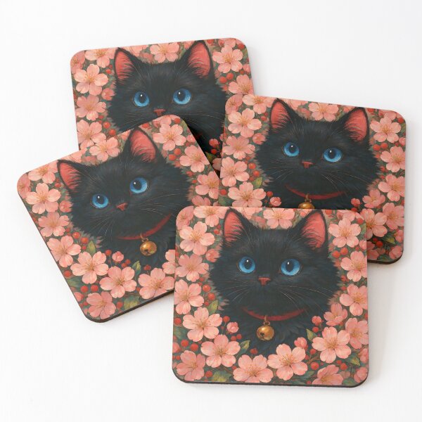 Item preview, Blue-Eyed Black Cat Among Cherry Blossoms — Whimsical Floral Feline Art designed and sold by arthubgirl.
