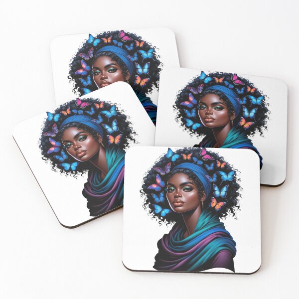 Item preview, Midnight Elegance | Black Woman with Blue Butterflies and Teal Scarf designed and sold by Lulunza.