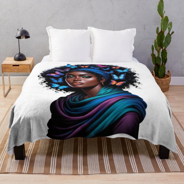 Item preview, Midnight Elegance | Black Woman with Blue Butterflies and Teal Scarf designed and sold by Lulunza.