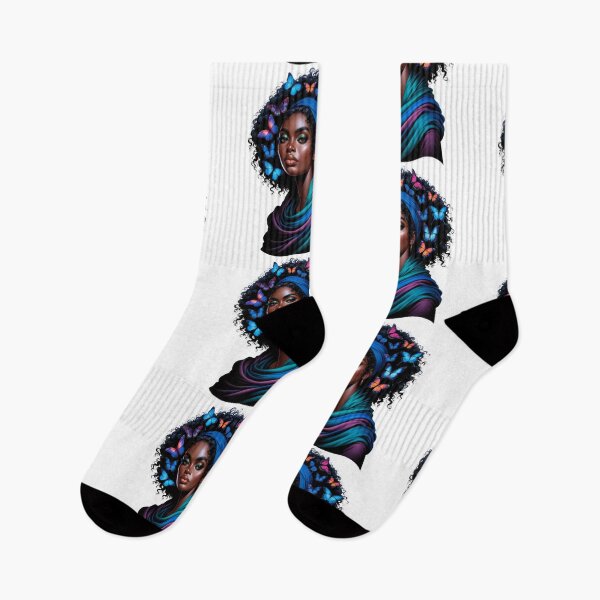 Item preview, Midnight Elegance | Black Woman with Blue Butterflies and Teal Scarf designed and sold by Lulunza.