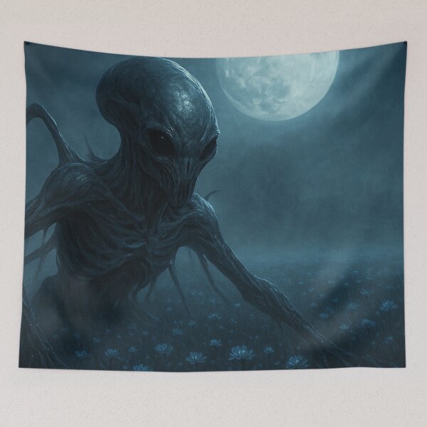 Item preview, Creepy alien creature under full moon in misty field designed and sold by SassyArtistry.