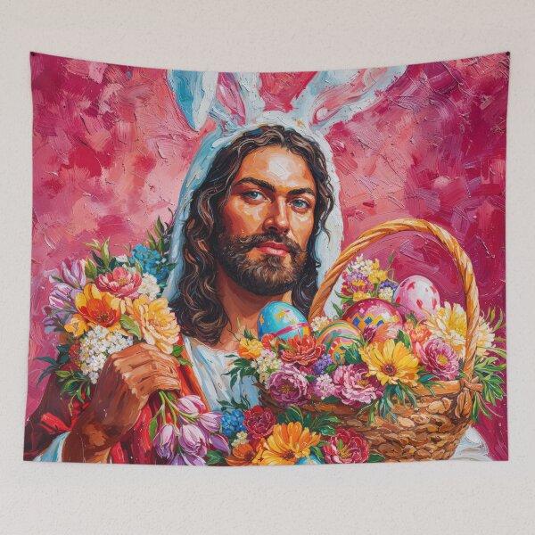 Item preview, Easter Bunny Jesus with Floral Basket Art designed and sold by Anastasiia Yurevych.