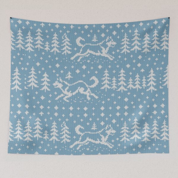Item preview, Blue Christmas knit pattern with running dogs and trees designed and sold by SassyArtistry.