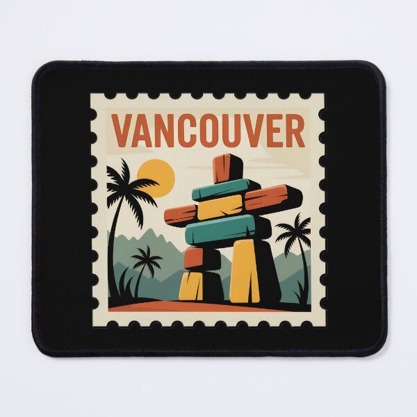 Item preview, Vancouver Vintage Stamp Poster – Retro Travel Art Featuring Inukshuk and Mountains designed and sold by VividOrganica.