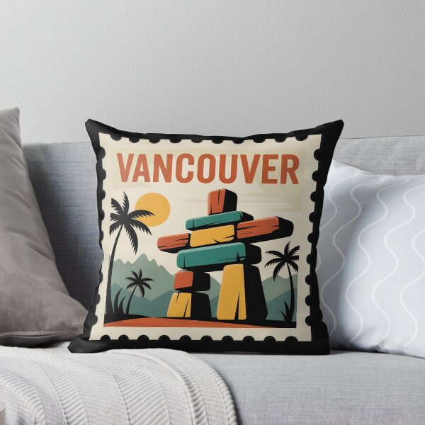 Item preview, Vancouver Vintage Stamp Poster – Retro Travel Art Featuring Inukshuk and Mountains designed and sold by VividOrganica.