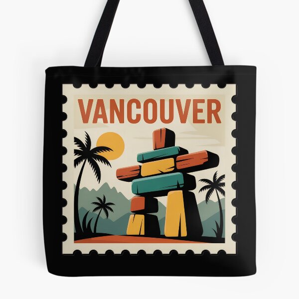 Item preview, Vancouver Vintage Stamp Poster – Retro Travel Art Featuring Inukshuk and Mountains designed and sold by VividOrganica.