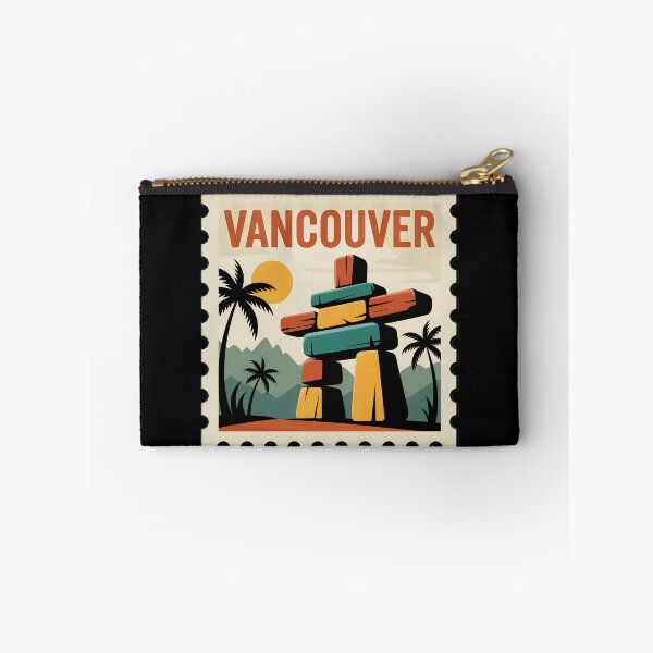 Item preview, Vancouver Vintage Stamp Poster – Retro Travel Art Featuring Inukshuk and Mountains designed and sold by VividOrganica.