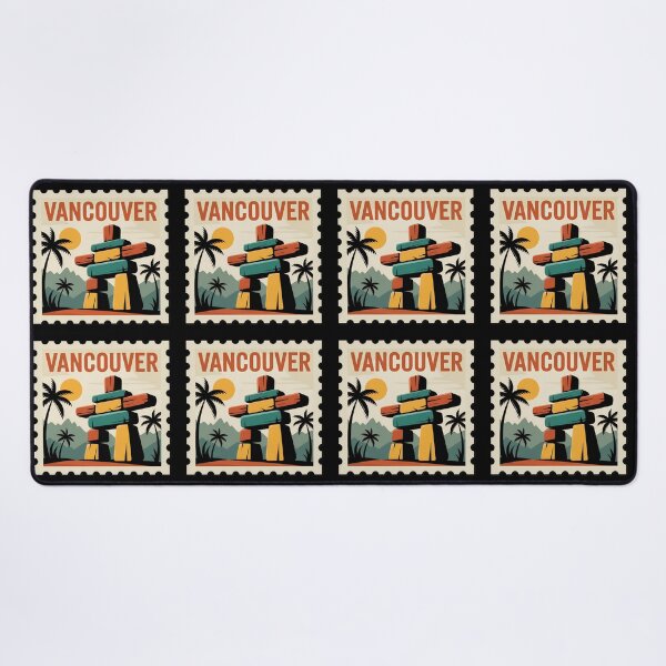 Item preview, Vancouver Vintage Stamp Poster – Retro Travel Art Featuring Inukshuk and Mountains designed and sold by VividOrganica.