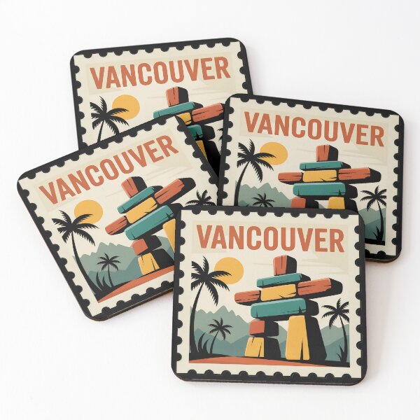 Item preview, Vancouver Vintage Stamp Poster – Retro Travel Art Featuring Inukshuk and Mountains designed and sold by VividOrganica.