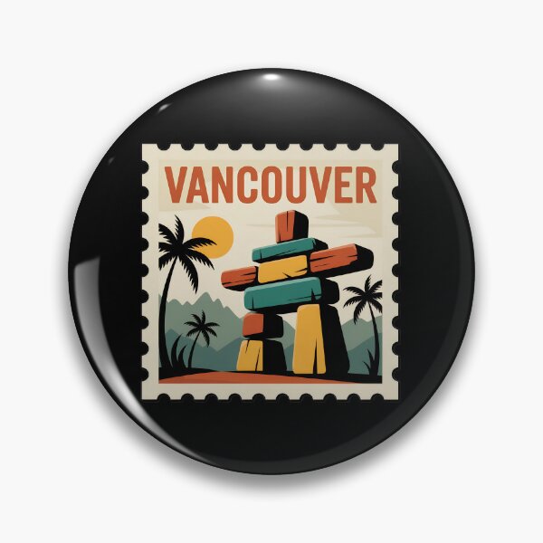 Item preview, Vancouver Vintage Stamp Poster – Retro Travel Art Featuring Inukshuk and Mountains designed and sold by VividOrganica.