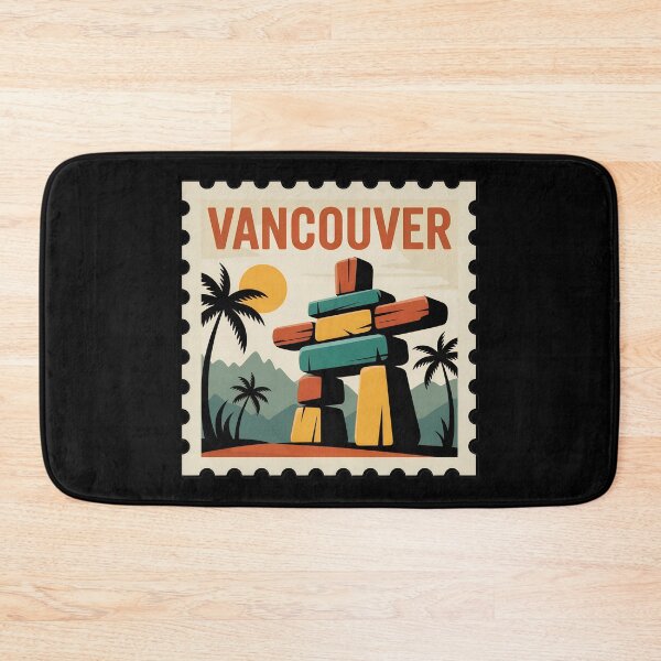 Item preview, Vancouver Vintage Stamp Poster – Retro Travel Art Featuring Inukshuk and Mountains designed and sold by VividOrganica.