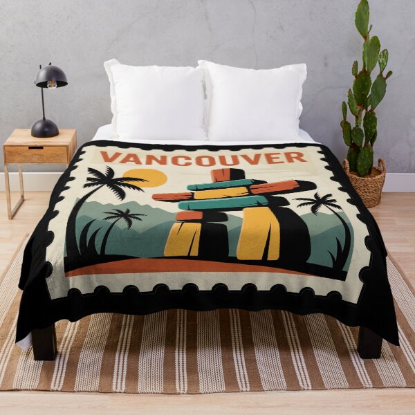 Item preview, Vancouver Vintage Stamp Poster – Retro Travel Art Featuring Inukshuk and Mountains designed and sold by VividOrganica.