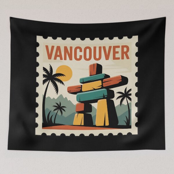 Item preview, Vancouver Vintage Stamp Poster – Retro Travel Art Featuring Inukshuk and Mountains designed and sold by VividOrganica.