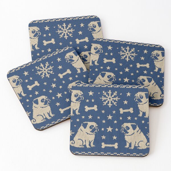 Item preview, Blue Christmas knit pattern with pugs and snowflakes designed and sold by SassyArtistry.
