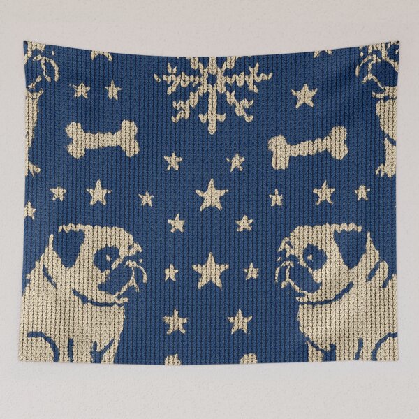 Item preview, Blue Christmas knit pattern with pugs and snowflakes designed and sold by SassyArtistry.