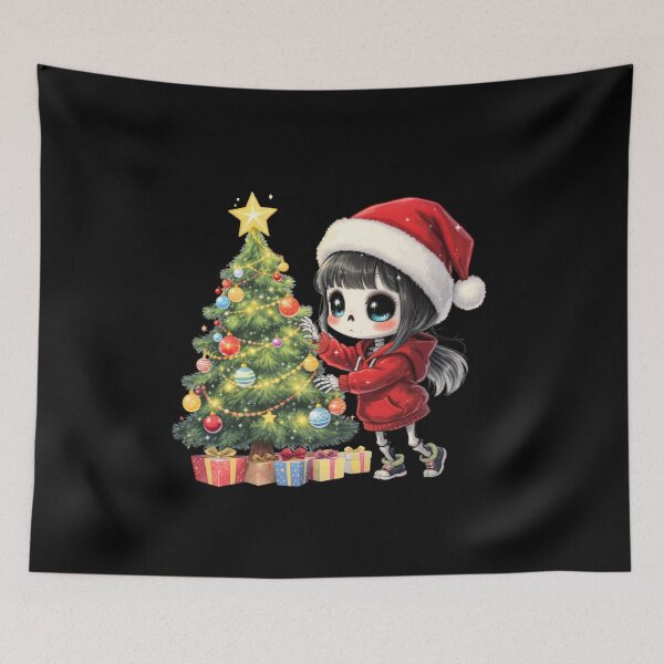 Item preview, Skeleton Girl Decorating Christmas Tree | Cute Kawaii Chibi Spooky Christmas Art designed and sold by ColorSplash123.