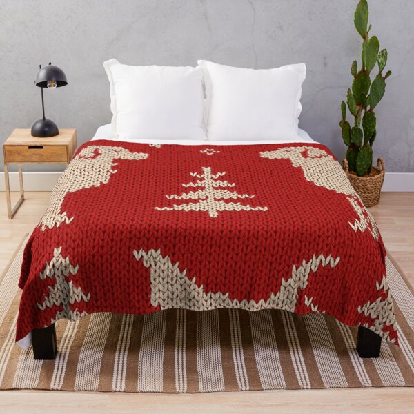 Item preview, Red Christmas knit pattern with retrievers and sleigh scene designed and sold by SassyArtistry.