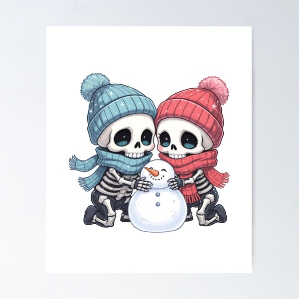 Item preview, Skeleton Couple Building a Snowman | Cute Kawaii Chibi Spooky Christmas Art designed and sold by ColorSplash123.