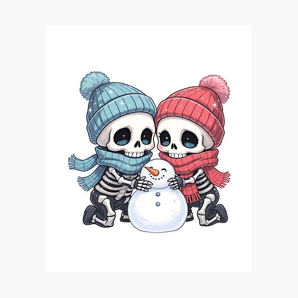 Item preview, Skeleton Couple Building a Snowman | Cute Kawaii Chibi Spooky Christmas Art designed and sold by ColorSplash123.