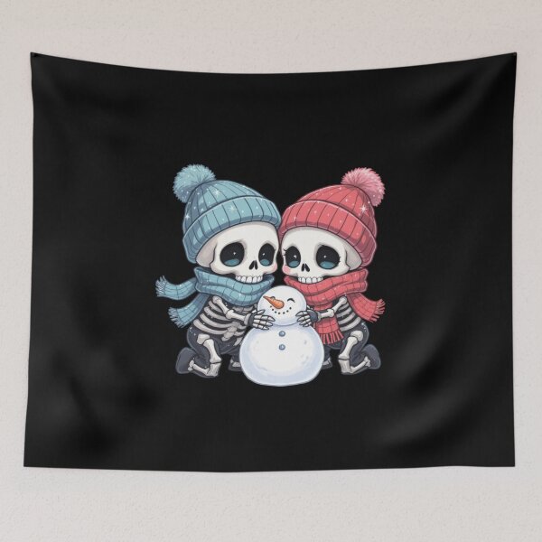 Item preview, Skeleton Couple Building a Snowman | Cute Kawaii Chibi Spooky Christmas Art designed and sold by ColorSplash123.