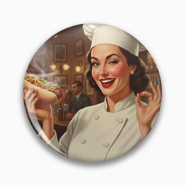 Item preview, "BEST HOTDOGS IN TOWN!" – Vintage 1950s Pub Lady Chef Poster designed and sold by Cozy-Old-Pub.