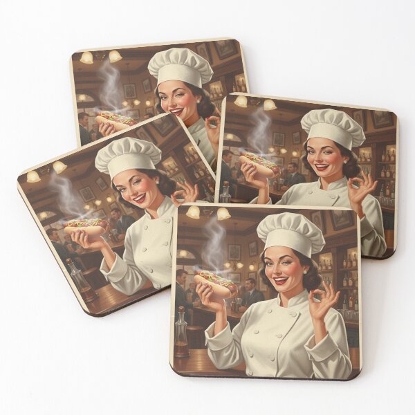 Item preview, "BEST HOTDOGS IN TOWN!" – Vintage 1950s Pub Lady Chef Poster designed and sold by Cozy-Old-Pub.
