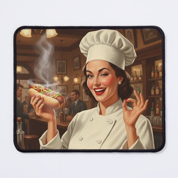Item preview, "BEST HOTDOGS IN TOWN!" – Vintage 1950s Pub Lady Chef Poster designed and sold by Cozy-Old-Pub.