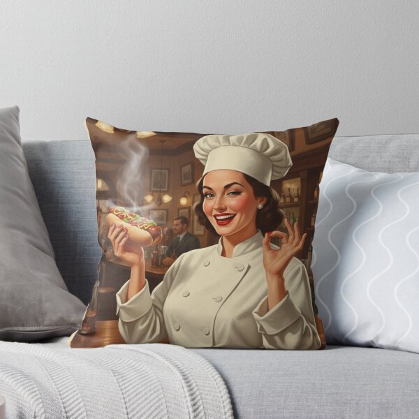 Item preview, "BEST HOTDOGS IN TOWN!" – Vintage 1950s Pub Lady Chef Poster designed and sold by Cozy-Old-Pub.