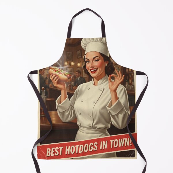 Item preview, "BEST HOTDOGS IN TOWN!" – Vintage 1950s Pub Lady Chef Poster designed and sold by Cozy-Old-Pub.
