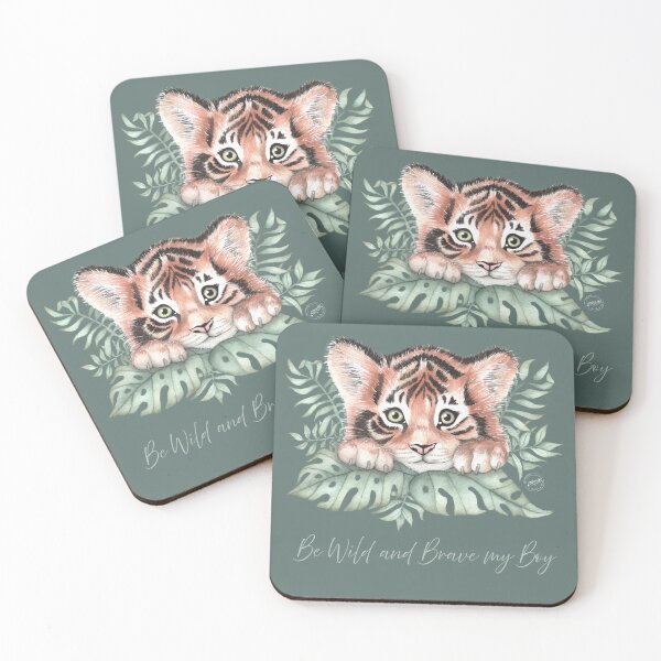 Item preview, Cute Tiger with Tropical leaves and Military Green Background designed and sold by CrisGHeer Art &Illustration.