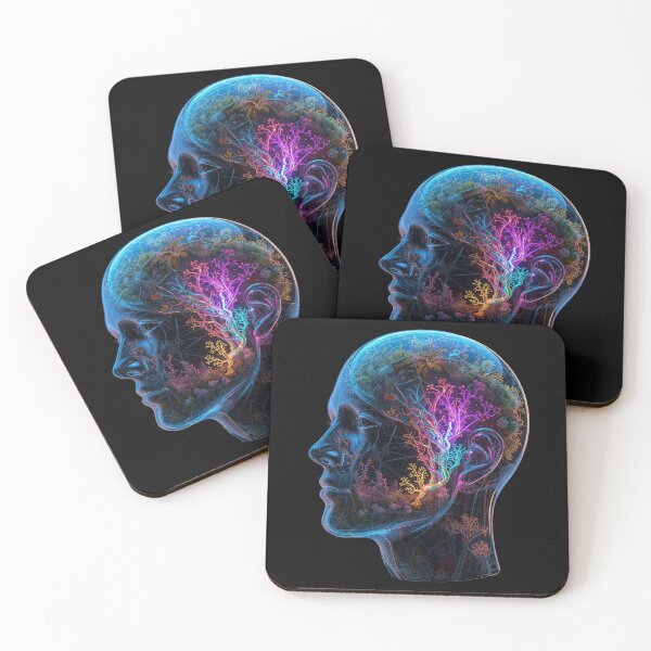 Item preview, Fractured Glass Head Filled with Neon Nature and Glowing Neural Connections – Surreal 3D Art designed and sold by PLUSHIWORLDtm.