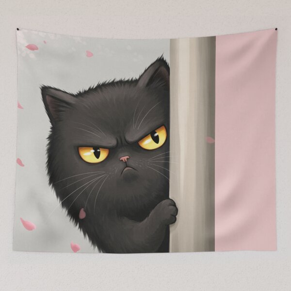 Item preview, A black cat makes a suspicious gesture and hides behind a pole. designed and sold by PattaZone.