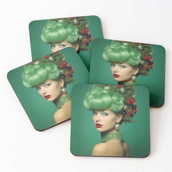 Item preview, Kitsch Christmas 1960s 60s retro green christmas tree woman greeting card designed and sold by MiettaPreston.