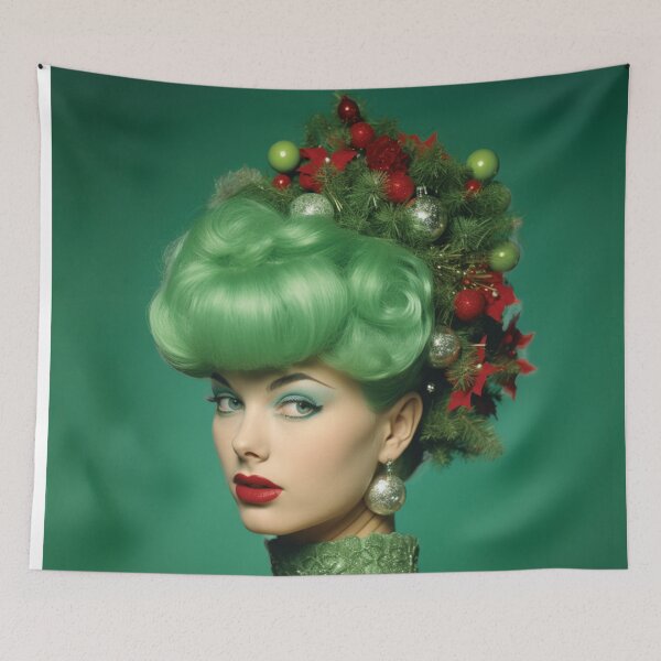 Item preview, Kitsch Christmas 1960s 60s retro green christmas tree woman greeting card designed and sold by MiettaPreston.