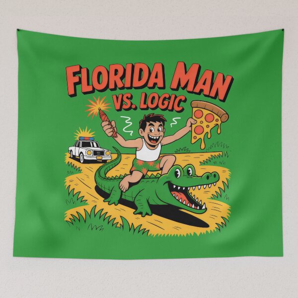 Item preview, Man on Grinning Alligator with Pizza and Firework in Florida Chaos designed and sold by SplashTastic.