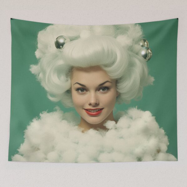 Item preview, Kitsch Christmas 1960s 60s retro white christmas tree woman greeting card designed and sold by MiettaPreston.