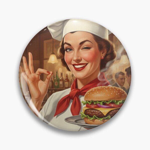Item preview, "BEST BURGERS IN TOWN!" – Vintage 1950s Pub Lady Chef Poster designed and sold by Cozy-Old-Pub.