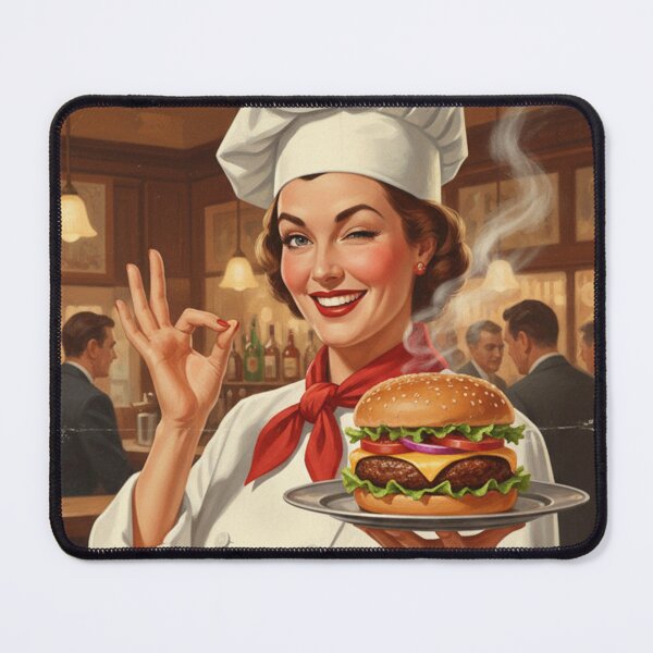 Item preview, "BEST BURGERS IN TOWN!" – Vintage 1950s Pub Lady Chef Poster designed and sold by Cozy-Old-Pub.