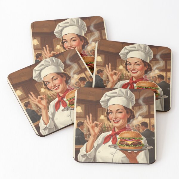 Item preview, "BEST BURGERS IN TOWN!" – Vintage 1950s Pub Lady Chef Poster designed and sold by Cozy-Old-Pub.