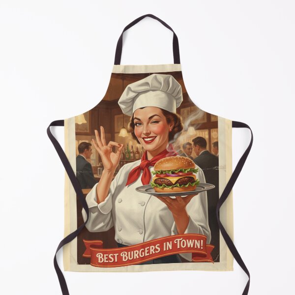 Item preview, "BEST BURGERS IN TOWN!" – Vintage 1950s Pub Lady Chef Poster designed and sold by Cozy-Old-Pub.