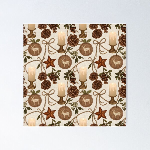 Item preview, Cozy Rustic Christmas Pattern | Pine Cones, Ornaments, Mistletoe & Candles designed and sold by ralucasilvia87.