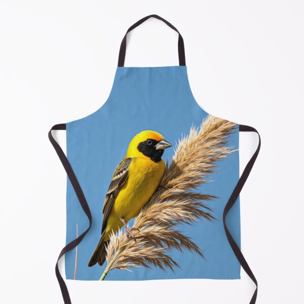 Item preview, A vibrant yellow bird with a black face mask perched on a fluffy wheat-like plant against a clear blue sky designed and sold by homydesign.