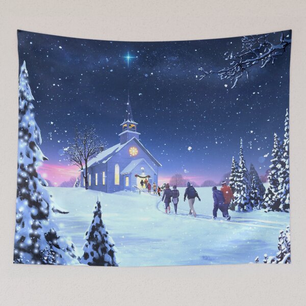 Item preview, Christmas Eve Church Winter Scene Artworks, Winter Art Prints, Christmas Eve Church Scene, Holiday Art Prints designed and sold by Global-Artists.