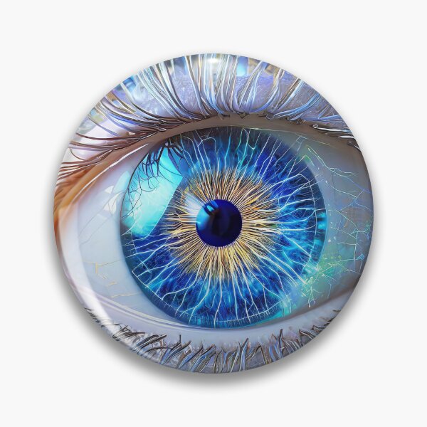 Item preview, A bionic eye with a glowing blue iris, interlaced metallic filaments, and a digital circuitry pattern, symbolizing a portal to digital dimensions. Generative Ai designed and sold by homydesign.