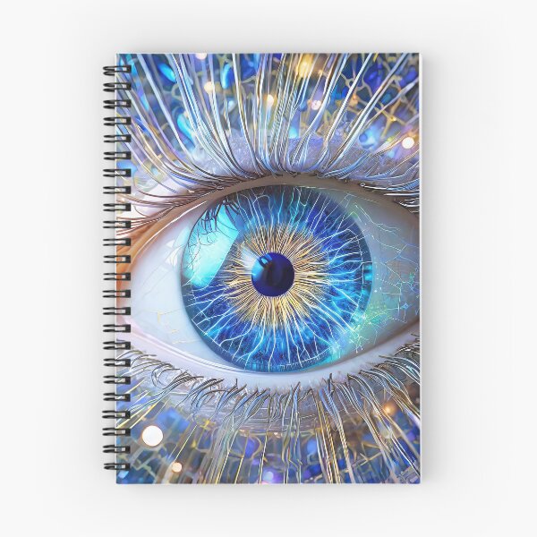 Item preview, A bionic eye with a glowing blue iris, interlaced metallic filaments, and a digital circuitry pattern, symbolizing a portal to digital dimensions. Generative Ai designed and sold by homydesign.