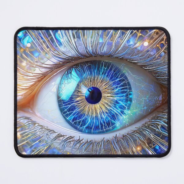 Item preview, A bionic eye with a glowing blue iris, interlaced metallic filaments, and a digital circuitry pattern, symbolizing a portal to digital dimensions. Generative Ai designed and sold by homydesign.