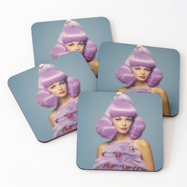 Item preview, Kitsch Christmas 1960s 60s retro purple christmas tree woman greeting card designed and sold by MiettaPreston.